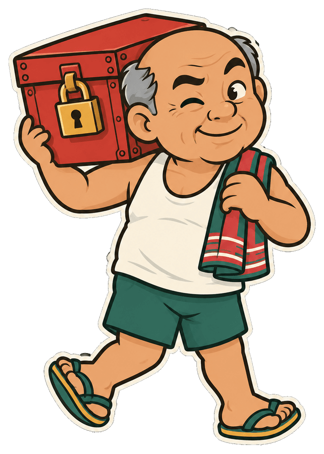 Uncle Lee carrying a locked strongbox