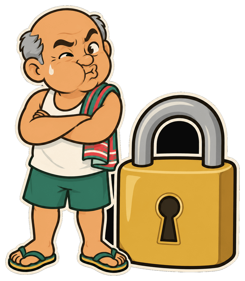 Uncle Lee locked out, sulking next to a padlock